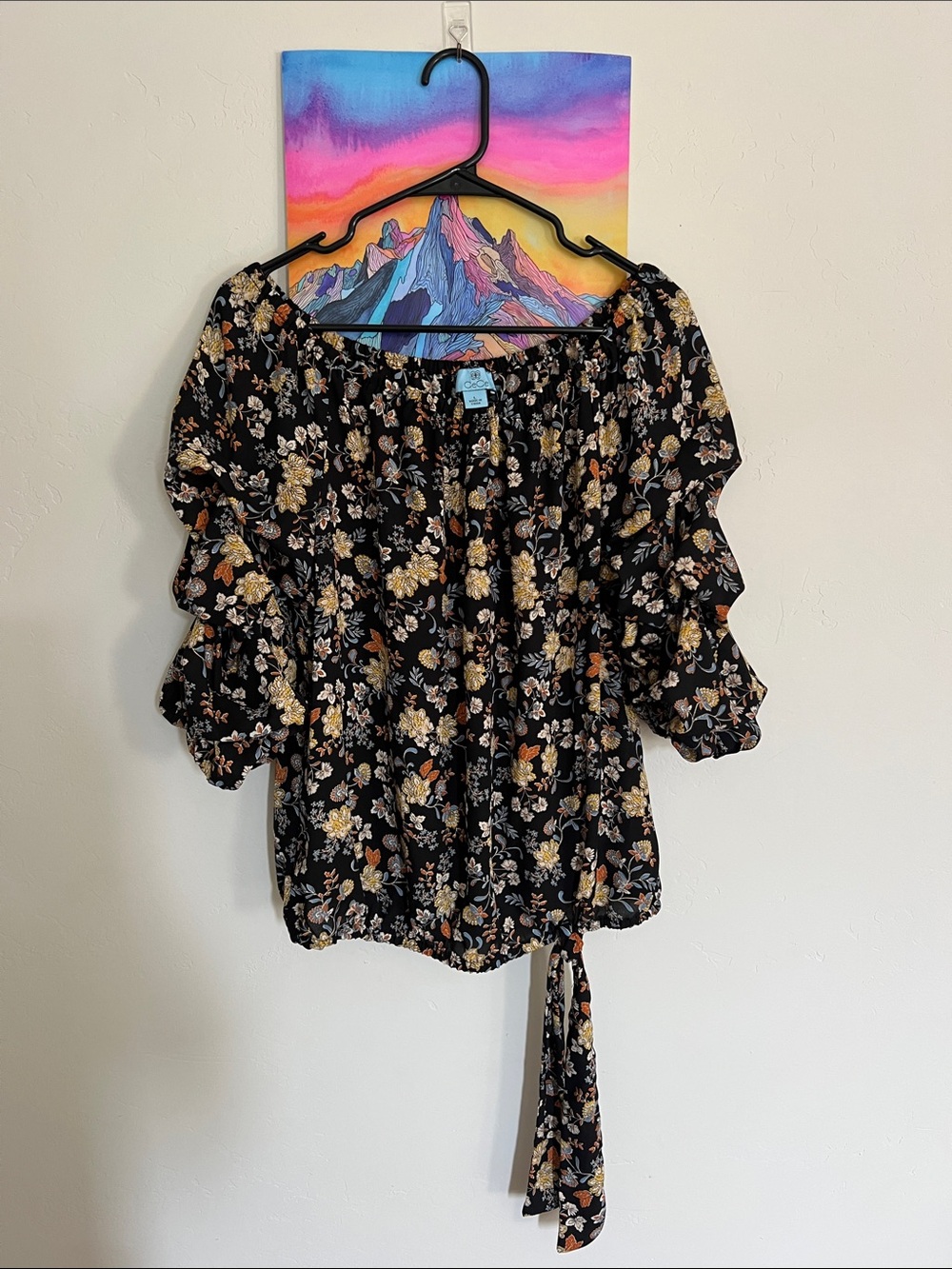 CeCe Black Floral Off-Shoulder Ruffled Blouse